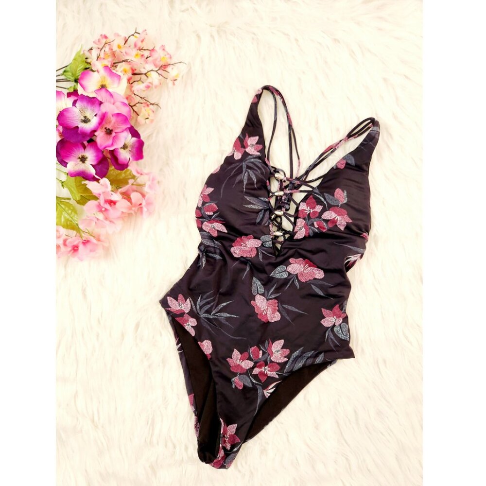 TiniBikini Size S Black Purple Floral One Piece Swimsuit